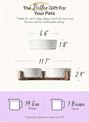 LE TAUCI Hundenäpfe für kleine Rassen, Hundenapf-Set mit Ständer aus Akazienholz, 1,5 Tassen, Futter- und Wassernapf für kleine Hunde und Katzen, beschwerter Hundenapf, Haustiernäpfe