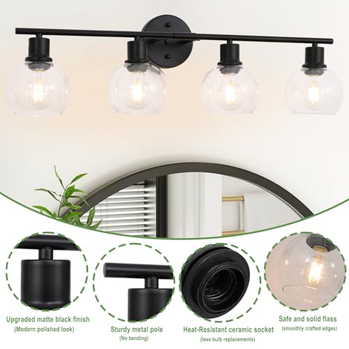 KRASTY Black 4-Light Bathroom Vanity Light Fixtures, Modern Bathroom Lights with Clear Glass Globe Shade, 27" Vanity Lights for Mirror Bathroom Living Room Bedroom by KRASTY - Used condition - Image 6