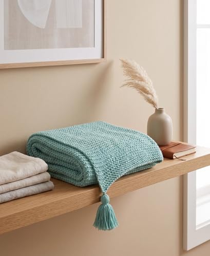 Image of Furnistitchs Plain Solid Knitted Sofa Throw Blanket 50x60 inches / 125x150 cms| Cotton Plain Knit with Tassels | Aesthetic Bohemian Decorative Couch Throws for Living Room & Bedroom (Aqua)