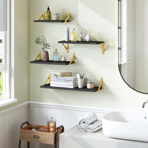 Image of YGEOMER Floating Shelves for Wall, Different Sizes Black Wall Shelves for Living Room, Bathroom, Bedroom, Kitchen, Home Decor (Set of 4)