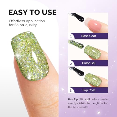 Image of MelodySusie Galaliver Green Glitter Gel Nail Polish, 15ML Sparkly Bright Green Shimmer Gel Polish Soak Off UV LED Cured Long Lasting Gift for Women DIY Nail Design Nail Art Manicure X08