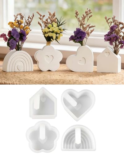 EPODA 4 Stück Silikonform Regenbogen Haus Herz Blumen Silikonformen Gießformen Kerzenhalter DIY Gießform kerzenhalter