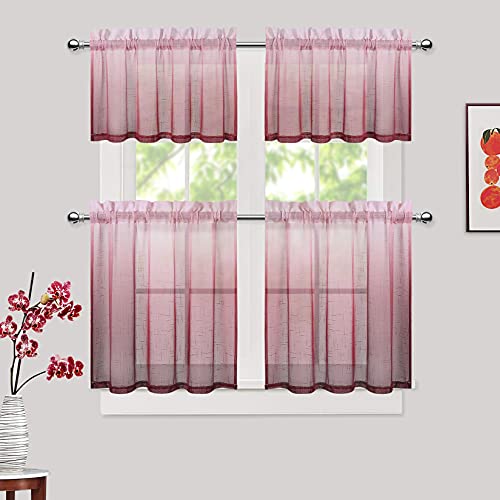 Caromio Kitchen Curtain Faux Linen Sheer Curtains Voile 24 Inch Length Rod Pocket Small Half Window Treatment Set Short Tier Cafe Curtain, Burgundy, Set Of 2 #TOP6
