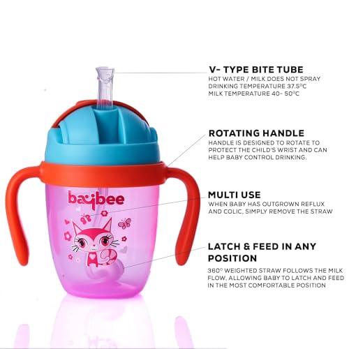 Image of BAYBEE Flippo 240ML Sipper Bottle for Kids, Anti-Spill Sippy Bottle with Soft Silicone Straw BPA Free |Sippy Cup for Baby r | Sipper Bottles for Kids Toddlers 6 Months to 3 Years (Pink)