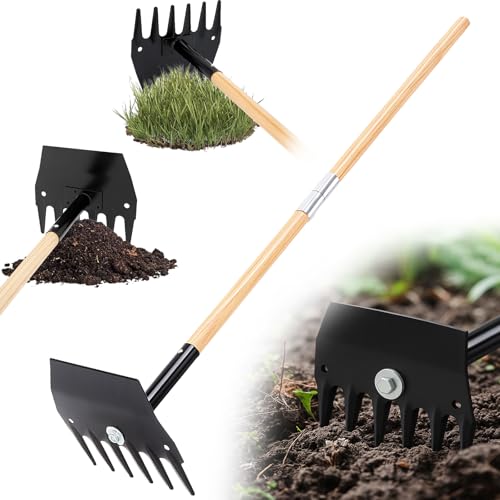 Leriton Rake Hoe Steel with 48in Wood Handle Fire Rake Hoe for Multi-use Landscaping and Forestry Raking Scraping Grubbing and Tamping