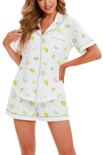 Image of LUBOT 100% Cotton Women's Pajamas Set PJ Set Button-Down Short Sleeve 2 Piece Set Printed Patterned Summer Night Suit Sleepwear Loungewear (Lemon, S)