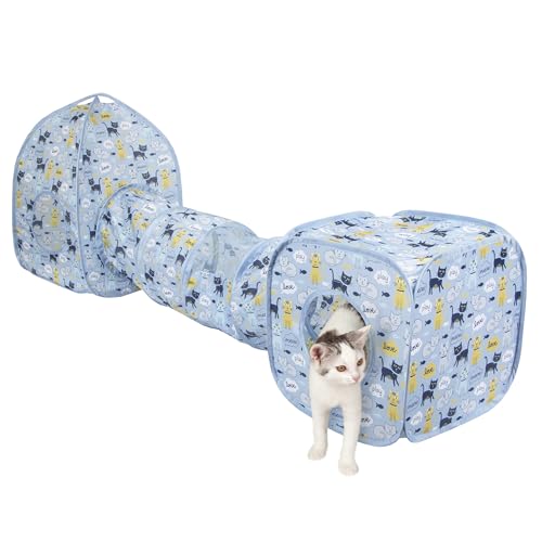 Image of Kitty City Blue Cat-Themed Cat Play Furniture Set, Collapsible Pop-Up Cat Toys Combo with Cube, Tunnel & House, Indoor Kitty Playground for Play, Hiding & Lounging