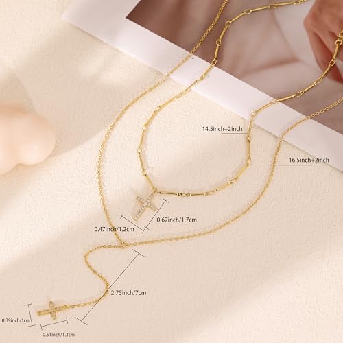Cross Necklace for Women, 14k Gold Plated Long Cross Pendant Necklace Stack Layered Gold Necklaces for Women Trendy Dainty Layering Cross Lariat Necklace Set Fashion Womens Jewelry3