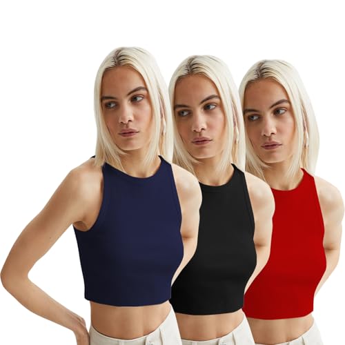 Image of KERI PERRY Tops for Women Crop Top for Women's Tank Activewear Tee Sports Western Casual Cotton Camisole Pack of 3 Combo