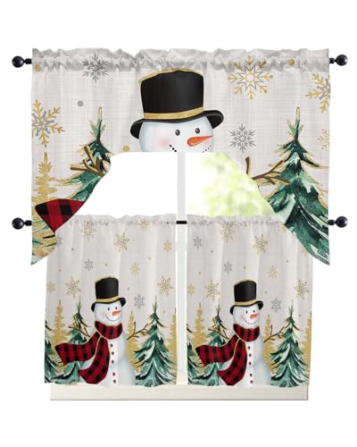 Snowman Swag Kitchen Curtain Sets with Valance, 3 Pieces Rod Pocket Curtain Drapes for Bedroom Living Room Bathroom Cafe Windows, Christmas Tree Gold Snowflake Green 56''x36'' & 24''x27.5''x2Panels
