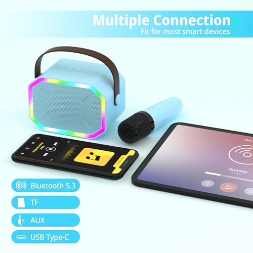 Image of Mini Karaoke Machine for Kids, Portable Bluetooth Karaoke Speaker with Wilreless Microphones and Led Lights for Home Party, Birthday Gifts for Boys /Girls, Toys for 7 8 9 10 11 Years Teen Children