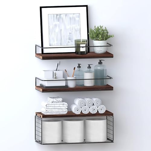 GIRYES Floating Shelves,Bathroom Shelves with Storage Basket,Over Toilet Paper Holder Storage Shelves,Wall Mounted Rustic Wood Shelves for Bathroom,Kitchens,Bedroom, Living Room,Set of 3