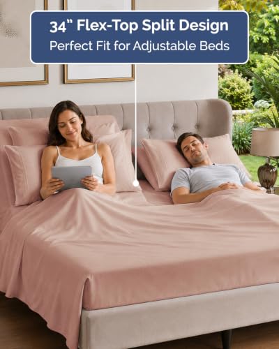 Image of Flex Top Split Head King 6 Piece Sheet Set - Breathable & Cooling - Mauve | Ultra Soft Hotel Luxury Bedding Set w / 8-16 Inch Deep Pockets, 1 Flat & 1 Split-Head Fitted Sheet & 4 Pillowcases, Fade Free