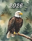 2026: Large Monthly Calendar Planner – Watercolor Bald Eagle Bird