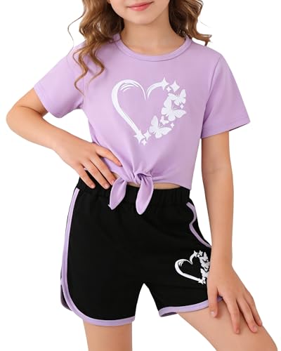Image of Jecson Girls Summer Outfits 2Pcs Kids Clothes Girls Tie Knot Front Tops T-Shirts and Casual Short Sets 5-12Y