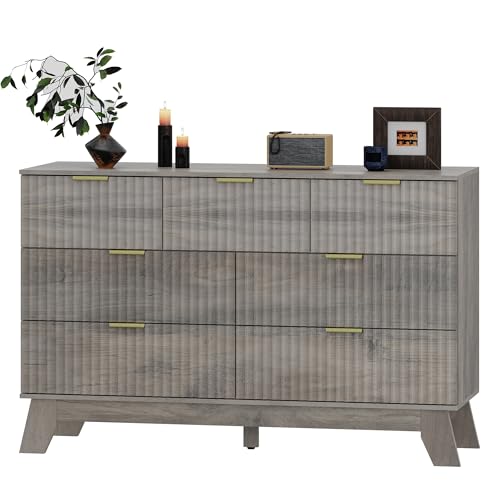 Image of HUANLEGO 48 inch W Fluted Dresser for Bedroom with 7 Drawers, Grey | Mid Century Modern Dressers & Chest of Drawers, Boho Dresser for Closet, 7 Drawer Storage TV Stand for Bedroom
