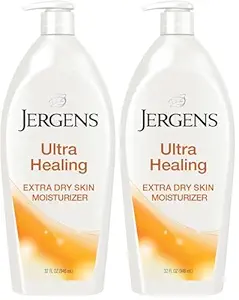 Jergens Ultra Healing Dry Skin Moisturizer, loción corporal y de manos para piel seca, de rápida absorción en piel extraseca, con mezcla HYDRALUCENCE, vitaminas C, E y B5, 32 onzas (paquete de 2)