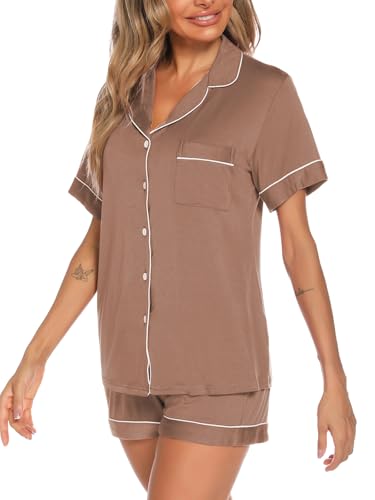 Image of Aamikast Button Up Pajama Set for Women Shorts Short Sleeve Knit Sleepwear 2 Pice Pjs Sets