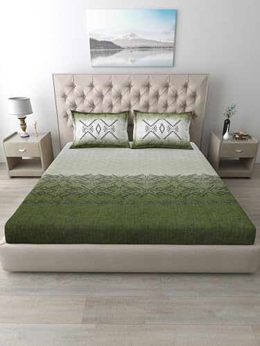 Image of Mafatlal 186 TC Autumn Delight Cotton Bedsheet King Size | 108 x 108 Inches | Lightweight Breathable Summer Fabric | Soft Comfortable Bedding with 2 Pillow Covers | Artichoke Green
