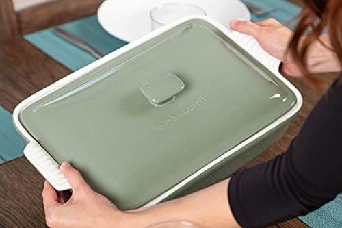 Stoneware Casserole Dish Bakeware Set with Lid, Covered Rectangular Dinnerware, Extra Large 4.23 Quart, 13 by 9 Inch, Verde Salvia [Sage Green] - Thumbnail 3