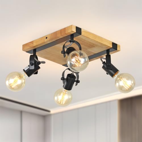 SEEBLEN Farmhouse Wooden Flush Mount Ceiling Lamp,4-Light Directional Ceiling Spotlight