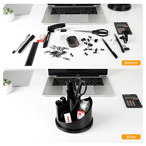 Deli Office Supplies Set, Desk Accessory Organizer Kit, Stapler Set, Rotating Multi-Functional Pen Holder, Tape Dispenser, Pens, Binder Clips, Sharpener, Scissor, Eraser, Black #TOP3