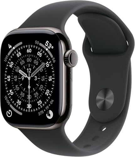 Image of Apple Watch Series 11 [GPS + Cellular, 46mm] Slate Titanium Case with Black Sport Band, S /M (Renewed)