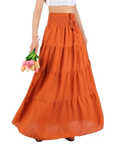 MYSSUCI Lang Rock Damen Sommer Chiffon Bohemian Maxirock Elastischer Sommerrock mit hoher Taille Einfarbig Strandkleid (Orange, L)