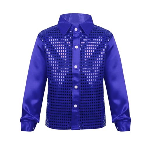 JanJean Kids Boys Sequins Long Sleeve Dance Shirt Party for Choir Hip Hop Jazz Street Disco Performance Wedding Costume Blue 5-6 Years