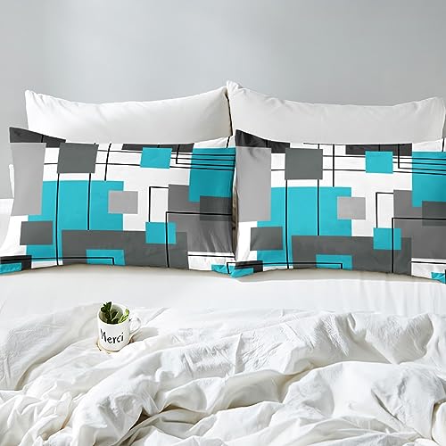 Homewish Geometric Square Duvet Cover Double Teal Grey Bedding Set Black Gray Turquoise Comforter Cover for Kids Teen Adults Modern Abstract Lines Bed Set Rustic Farmhouse Room Decor 2 Pillow Cases - Image 4