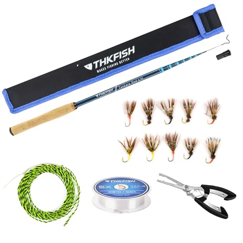 THKFISH Tenkara Angelruten-Set, 24T Kohlefaser, Teleskop-Fliegenfischrute, Combo mit Tragetasche, Angelschnur und Fliegenfischköder für Bachläufe, Forelle, Barsch, Lachs, 24 m, 3 m, 3 m
