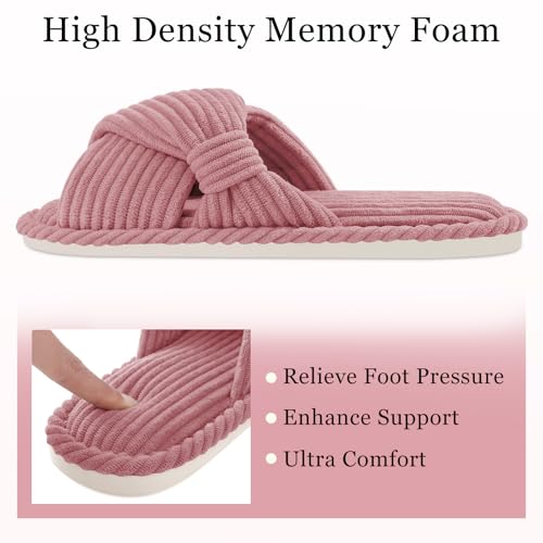 Image of Evshine Summer House Slippers for Women Corduroy Cross Bow Indoor Slippers Open Toe Slip On Bedroom Shoes with Memory Foam