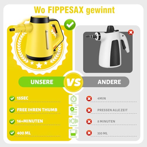 Fippesax Handdampfreiniger, 400 ml Druck-Mehrzweckdampfreiniger mit 9-teiligem Zubehör, chemikalienfreier Dampfreiniger für den Heimgebrauch, Reinigung von Böden, Fliesen, Fenstern, Sofas (Gelb)
