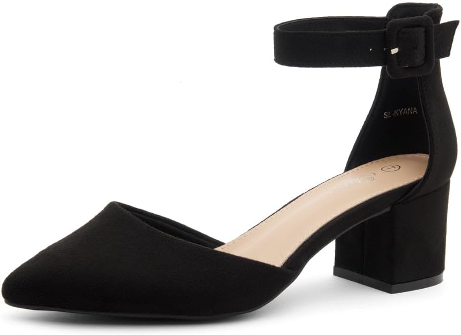 Shoe Land Closed Toe Heels for Women – 2.25 Inch Low Block Pumps for Office | Pointed Toe Chunky Dress Heels with Ankle Strap | Comfy Womens Business Casual Shoes