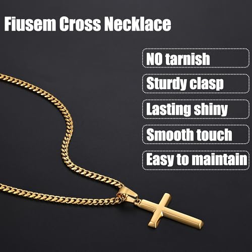 Image of Fiusem Silver Tone /Black /14K Gold Plated Cross Necklace for Men, Beveled Edge Pandent Mens Necklace, 3.5MM Stainless Steel Cuban Chain, 16-24 Inches Jewelry Gifts
