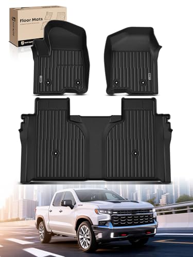 YHTAUTO Automotive Floor Mats Fit for Chevy & GMC Silverado/Sierra 1500 2019-2026, 2500HD/3500HD 2020-2026 Crew Cab(w/Rear Underseat Storage Box & Front Bucket Seat), 1st & 2nd Row, Set of 3
