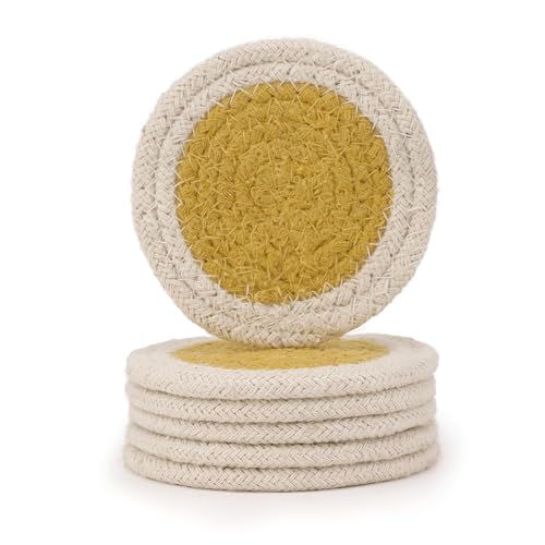 Image of Encasa XO Drink Coasters Set of 6 | Yellow & Off White with Round (9 cm) | Handcrafted Ribbed Cotton | Absorbent & Heat-Resistant | Use for Tea, Coffee Table & Desk
