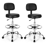 COSTWAY Ergonomic Drafting Chair, Height Adjustable Stool Swivel Office Chair with Backrest & Adjustable Footrest, Mid-Back Leather Padded Rolling Stool Task Desk Chair for Home Office Studio (2)