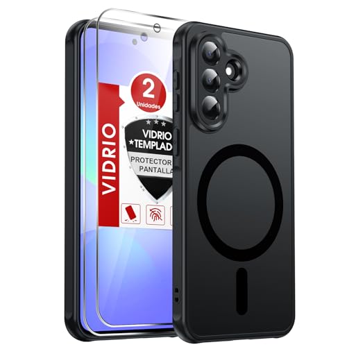 LeYi Funda Magnética para Samsung Galaxy A37/A 37 4G/5G [2X Protector de Pantalla] Movil Carcasa Antigolpes Helada Translúcida Antihuellas Cuerpo Completo Capa, Negro