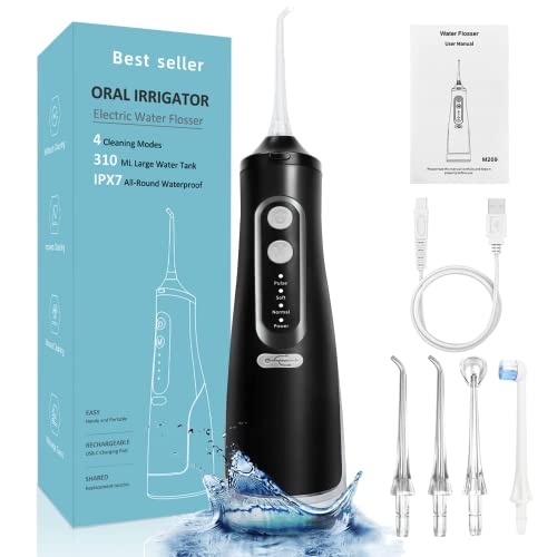 Water Flosser for Teeth Cordless - Power Dental Oral Irrigator Electric Air Flossers Cleaner for Adult & Teenager, IPX7 Waterproof, 4 Modes & 4 Jet Tips, 1500mAh, Low Noise(Black)