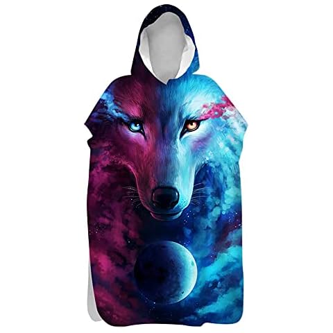 DOTBUY Changing Robe Hooded Poncho Kids Adults Men Women Fashion Wolf 3D Microfiber Towel Poncho Quick Dry Compact Light Weight, Beach, Swimming, Unisex Bath Robe (Blue Planet,60x110cm) Cover