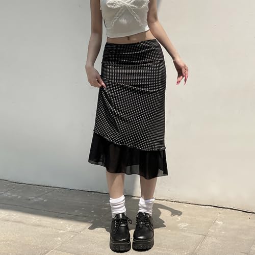 Women's Polka Dot Midi Skirt Vintage Elegant Mesh Stretch Low Waist Double Layered Pencil Long Skirts2