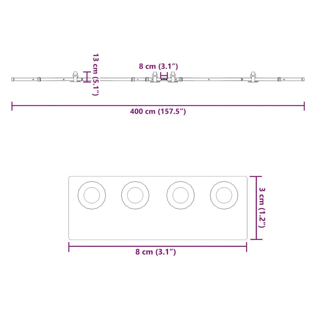 Juego de herrajes para puerta corredera de 400 cm de acero con recubrimiento en polvo negro con topes y ruedas para puerta de granero, accesorios de montaje, compatible con puerta principal y