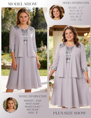 Image of GRACE KARIN Formal Wedding Guest Dress Sequin Mother of The Bride Dresses | Two Piece,3 /4 Sleeve,Tea Length,Crew Neck,Fit and Flare,Chiffon,Suitable for Spring /Summer /Fall /Winter /Cocktail /Party /Prom