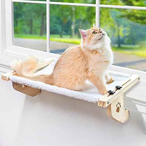 AMOSIJOY Cat Sill Window Perch Sturdy Cat Hammock Window Seat with Wood & Metal Frame for Large Cats, Easy to Adjust Cat Bed for Windowsill, Bedside, Drawer and Cabinet Cover