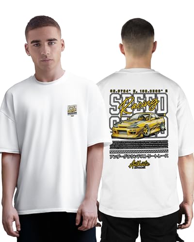 Image of Buy That Trendz Mens Oversized Tshirt Black & White Car Printed Crew Neck Cotton Drop Shoulder Half Sleeve Stylish Tshirt
