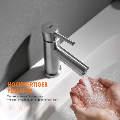 Ibergrif Waschtischarmatur aus Edelstahl gebürstet – Einhebelmischer mit Keramikkartusche, Perlator und 3/8 Zoll Anschluss, Modell M11103