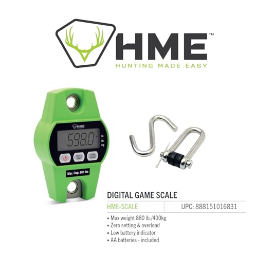 Image of HME Durable Versatile Hunting Digital Hanging Scale w /Tare Function - 400 Kg /880 lb Max Weight, 2 Batteries Included, Iron Hook, Mode Function N /lb /kg