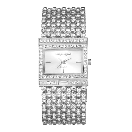 JewelryWe Damenuhr Glitzer Rechteckig Uhr: Damen Bling Strass Analog Quarz Armbanduhr Frauen Silber Breit Metallarmband Armreif Lässige Diamant Spangenuhr mit Eckigem Zifferblatt