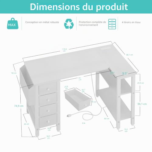 Lufeiya Bureau Angle avec 4 Tiroirs Petit Bureau Blanc avec Rangement, PC Bureau en L pour Petit Espace Fille,Ado 120X50CM (Prises Européennes) – vue 3
